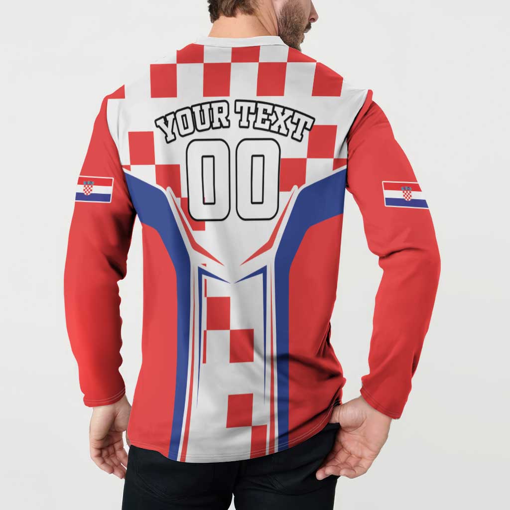 Red back sweatshirt on model with YOUR TEXT and 00 numbers on checkered Croatia design