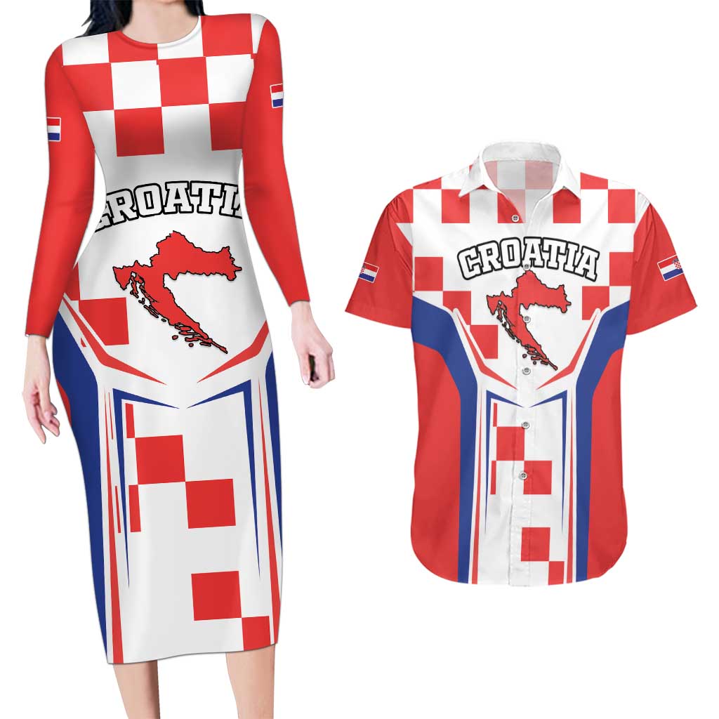 Custom Croatia Checkerboard Couples Matching Long Sleeve Bodycon Dress and Hawaiian Shirt Simple Style - Wonder Print Shop