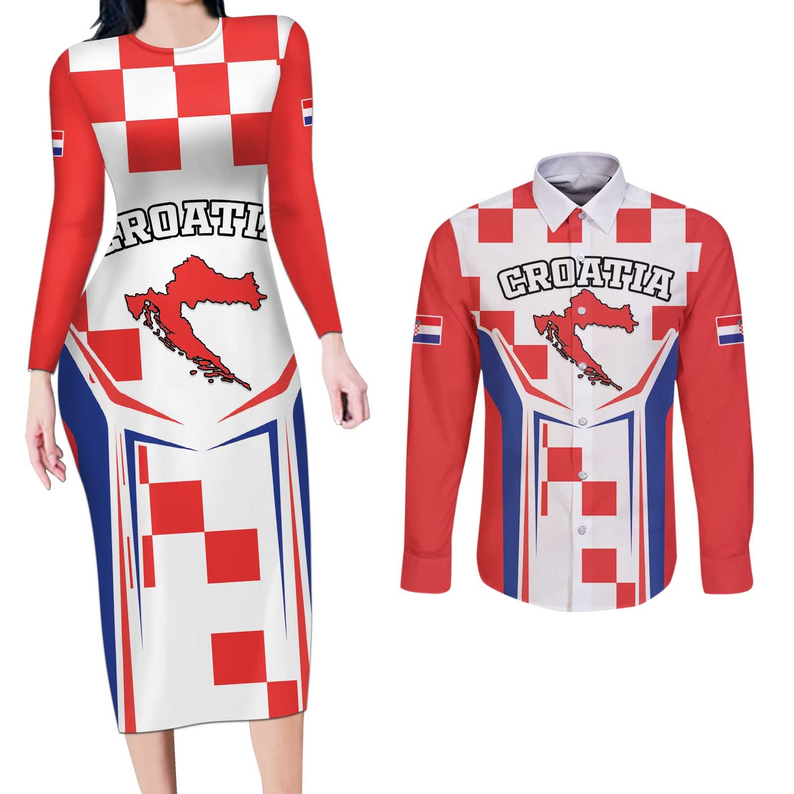 Custom Croatia Checkerboard Couples Matching Long Sleeve Bodycon Dress and Long Sleeve Button Shirt Simple Style