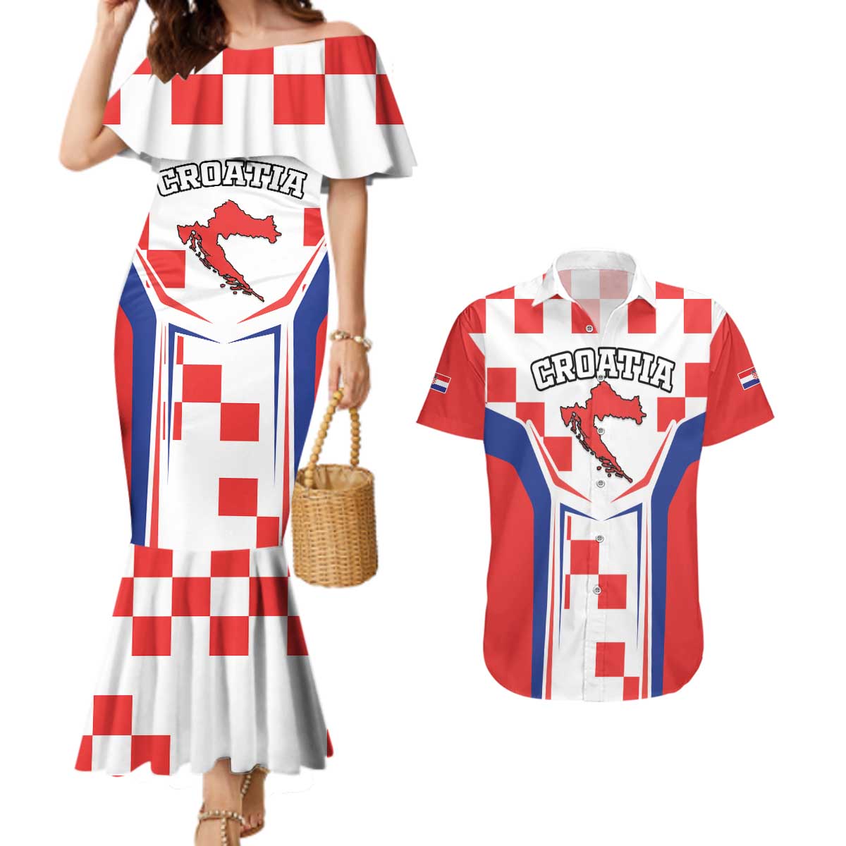 Custom Croatia Checkerboard Couples Matching Mermaid Dress and Hawaiian Shirt Simple Style