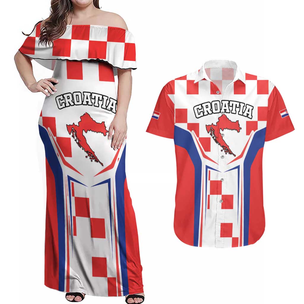 Custom Croatia Checkerboard Couples Matching Off Shoulder Maxi Dress and Hawaiian Shirt Simple Style - Wonder Print Shop