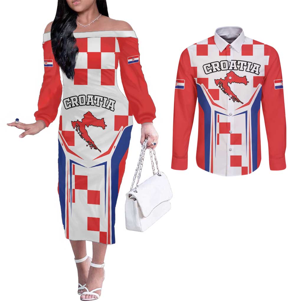 Custom Croatia Checkerboard Couples Matching Off The Shoulder Long Sleeve Dress and Long Sleeve Button Shirt Simple Style