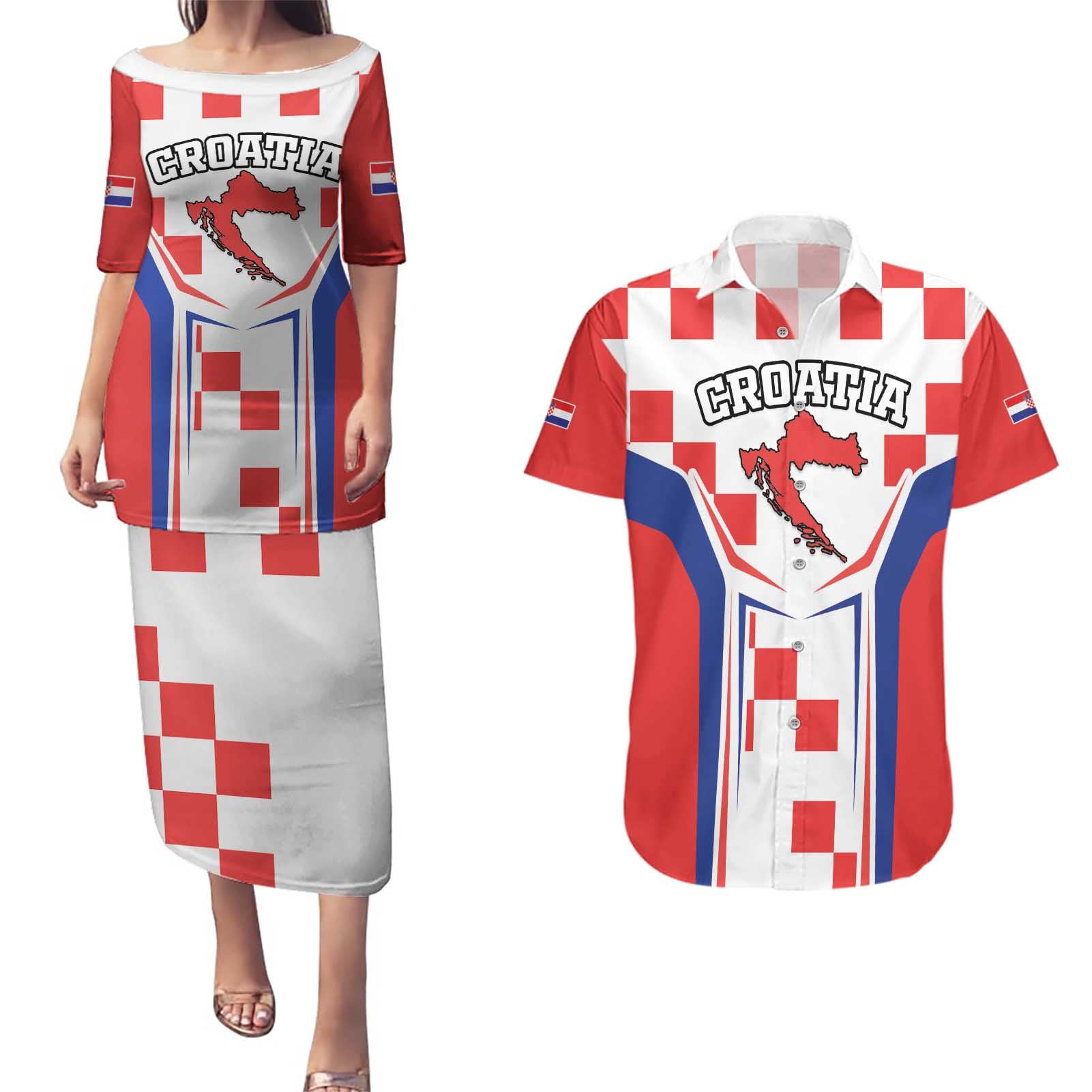 Custom Croatia Checkerboard Couples Matching Puletasi and Hawaiian Shirt Simple Style - Wonder Print Shop