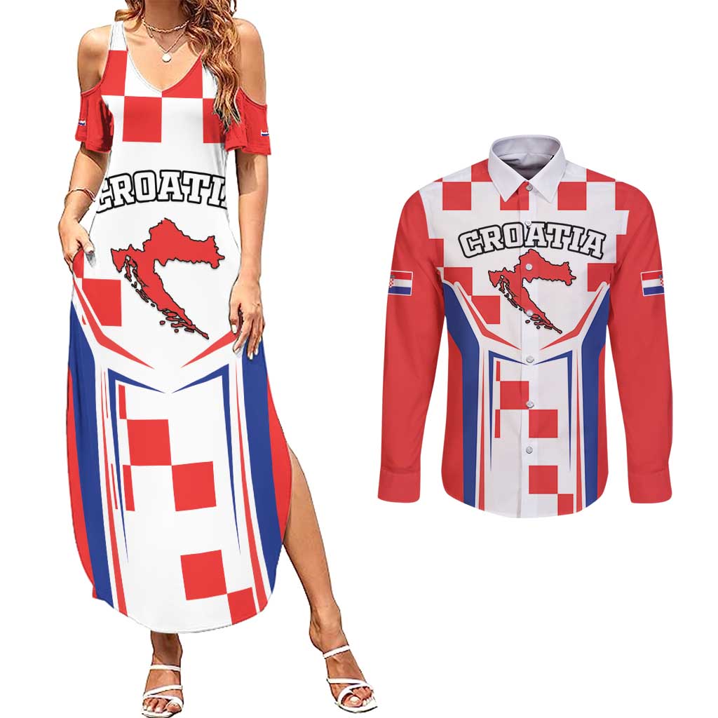 Custom Croatia Checkerboard Couples Matching Summer Maxi Dress and Long Sleeve Button Shirt Simple Style