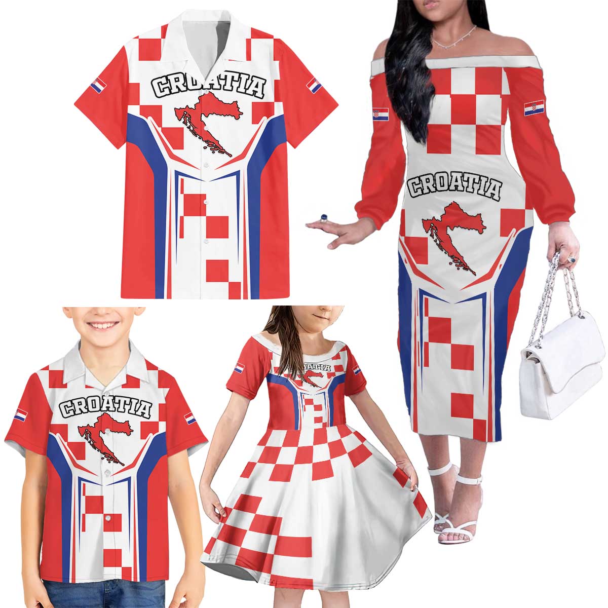 Custom Croatia Checkerboard Family Matching Off The Shoulder Long Sleeve Dress and Hawaiian Shirt Simple Style