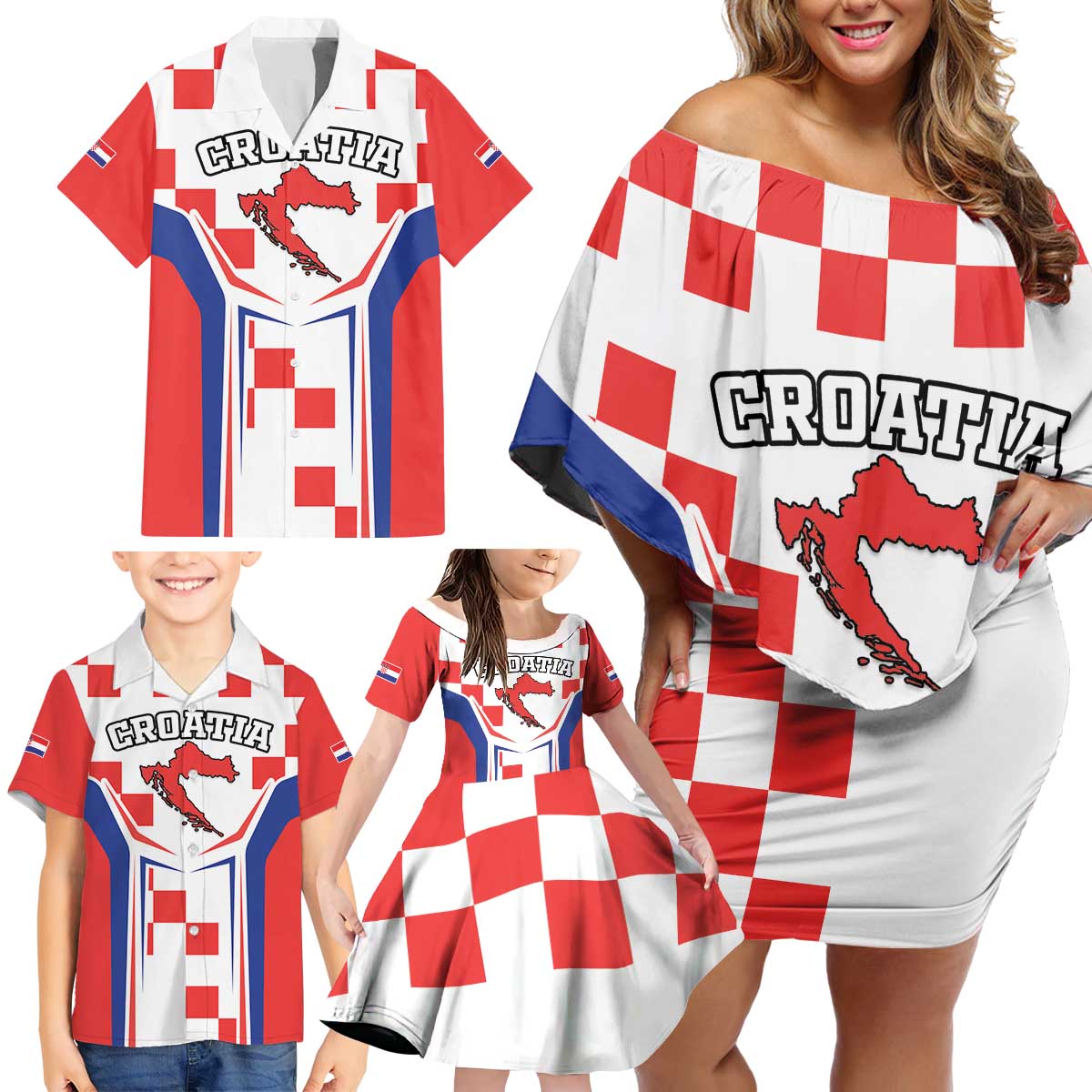 Custom Croatia Checkerboard Family Matching Off Shoulder Short Dress and Hawaiian Shirt Simple Style