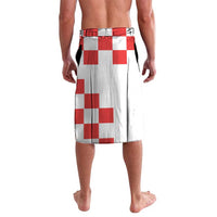 Red and white checkerboard knee-length wrap skirt with elastic waistband