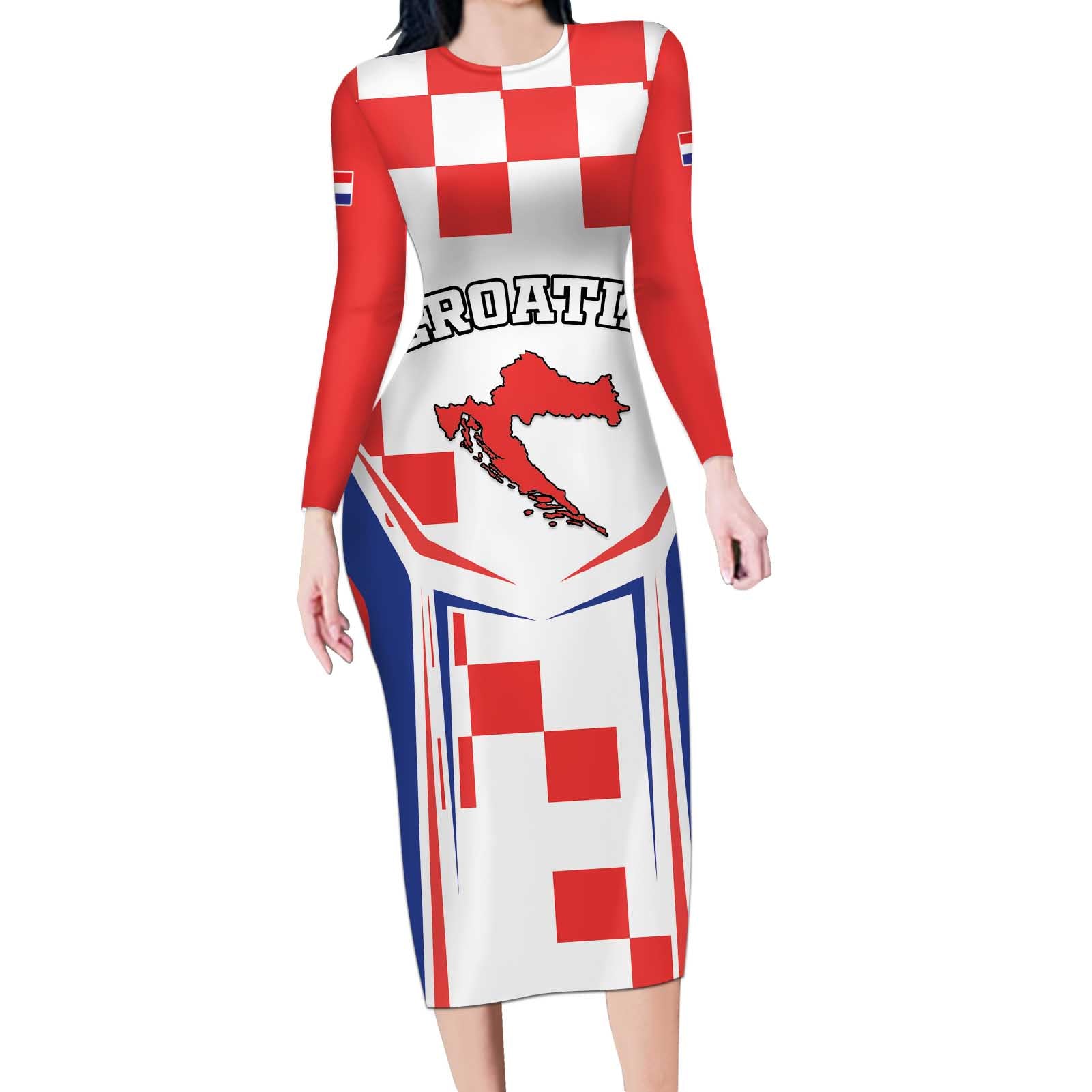 Custom Croatia Checkerboard Long Sleeve Bodycon Dress Simple Style - Wonder Print Shop