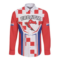 Red long-sleeve button shirt with checkerboard Croatia graphic and blue-white ribbon