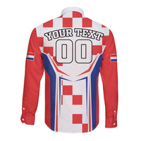 Red long-sleeve button shirt with checkerboard Croatia print, custom text and 00 numbers