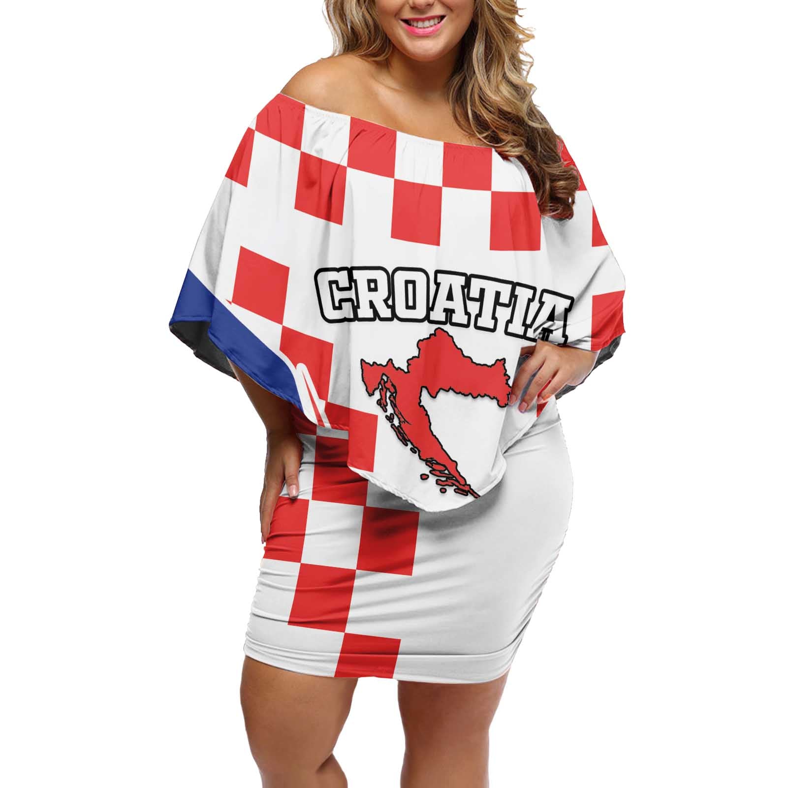 Custom Croatia Checkerboard Off Shoulder Short Dress Simple Style