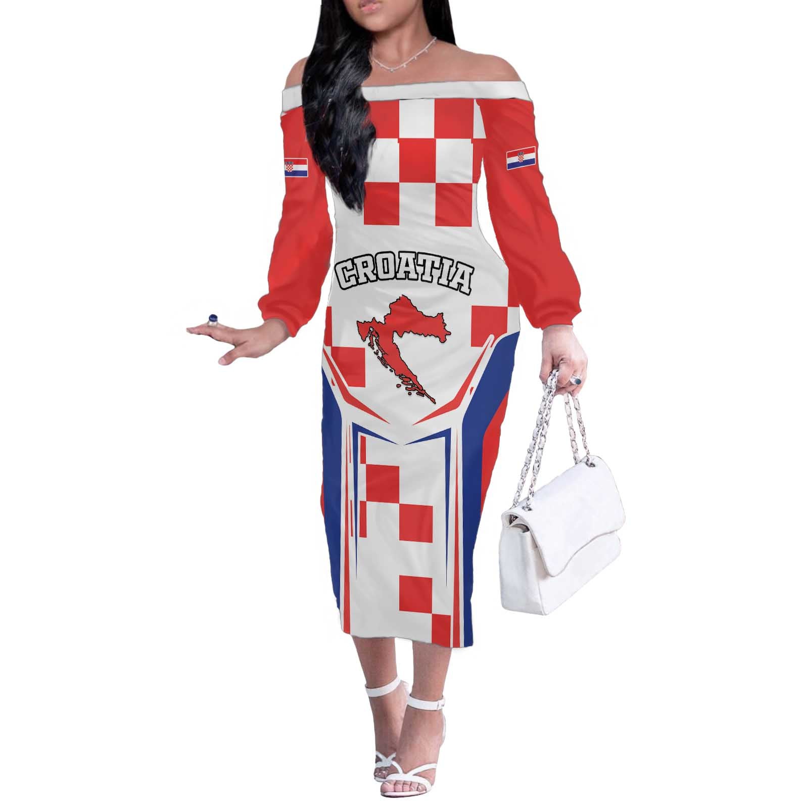 Custom Croatia Checkerboard Off The Shoulder Long Sleeve Dress Simple Style