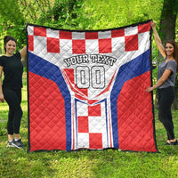 Large quilt blanket with red and blue panels, white crest, “YOUR TEXT 00”