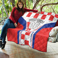 Quilt blanket draped on bench with red, white, and blue crest “YOUR TEXT 00”