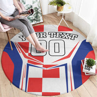 Round flag-style rug in red, white, and blue with "YOUR TEXT" and "00" blocks