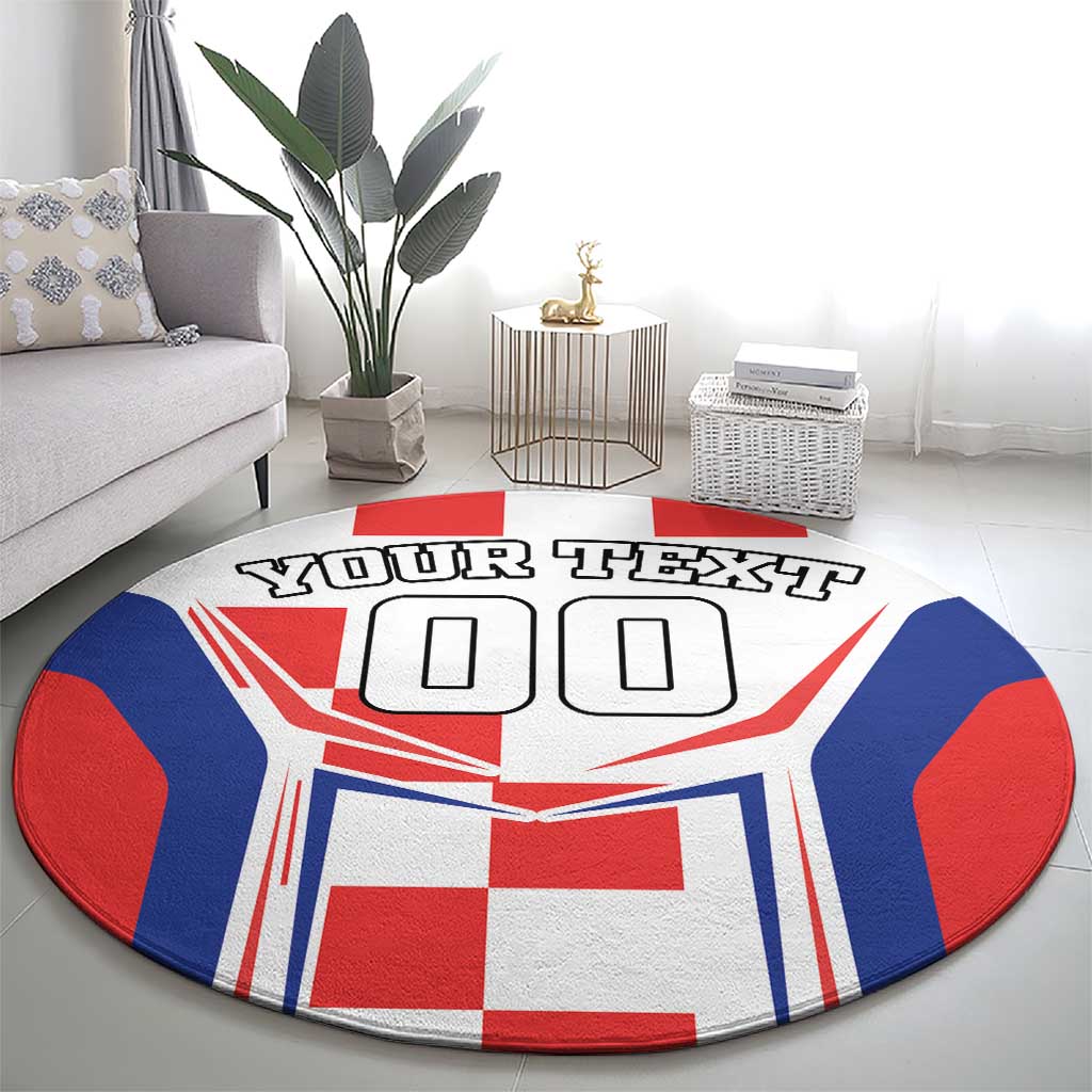 Round red, white, and blue rug with centered "YOUR TEXT" and "00" blocks, flag design