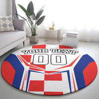 Round red, white, and blue rug with centered "YOUR TEXT" and "00" blocks, flag design