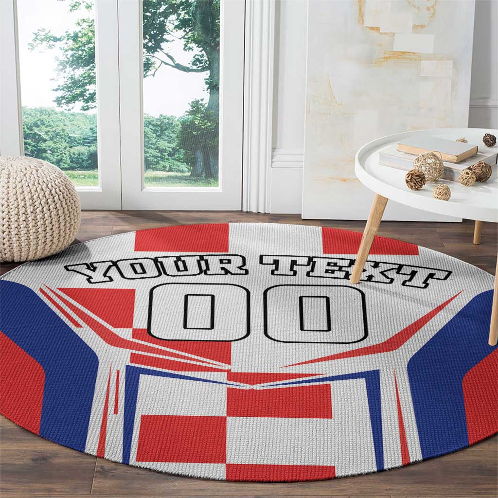 Round red, white, and blue rug with "YOUR TEXT" text and checkered flag center