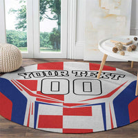 Round red, white, and blue rug with "YOUR TEXT" text and checkered flag center