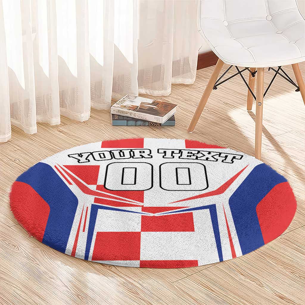 Round red, white, and blue flag rug with "YOUR TEXT" and "00" blocks, circular