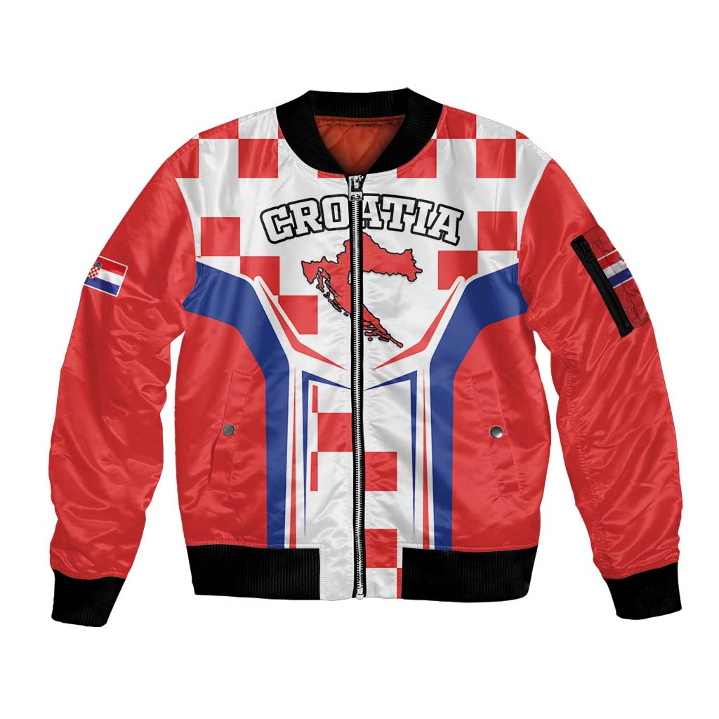 Custom Croatia Checkerboard Sleeve Zip Bomber Jacket Simple Style