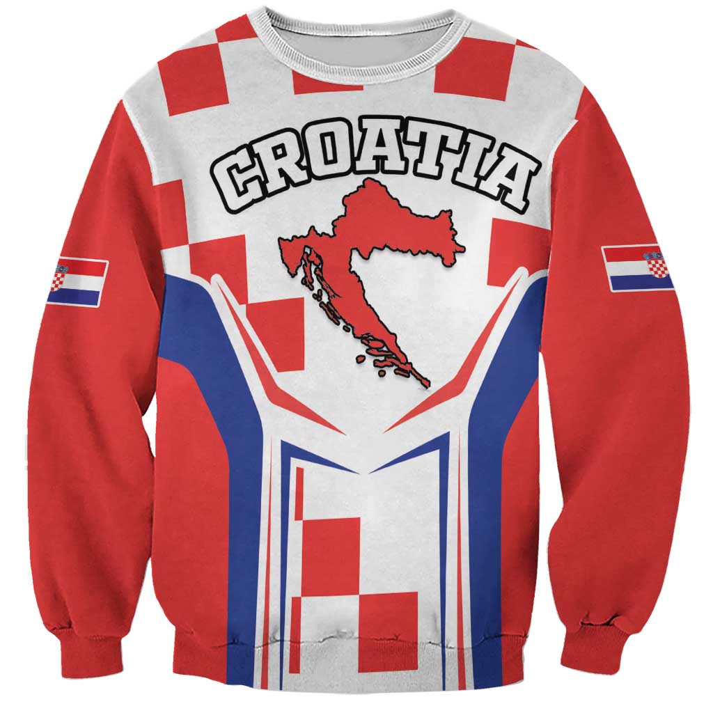 Red and white checkerboard sweatshirt with Croatia map graphic and blue flag accents