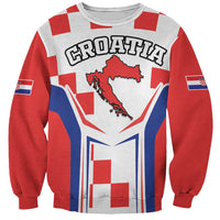 Red and white checkerboard sweatshirt with Croatia map graphic and blue flag accents