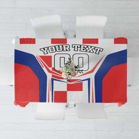Custom-style red, white, and blue tablecloth with center area for text