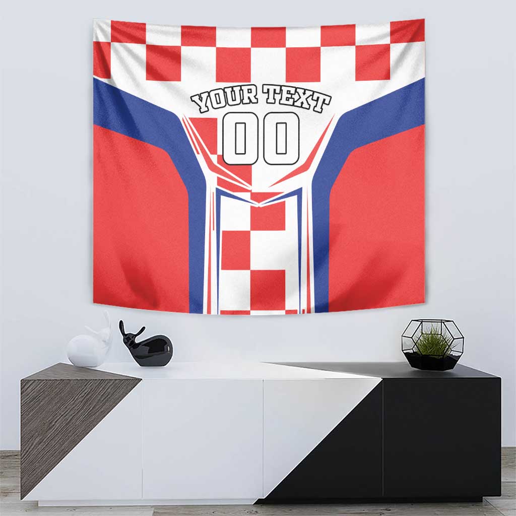 Red, white, and blue checkerboard tapestry with central shield graphic and “YOUR TEXT” label