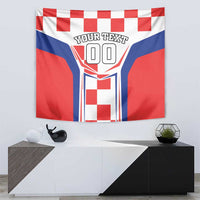 Red, white, and blue checkerboard tapestry with central shield graphic and “YOUR TEXT” label