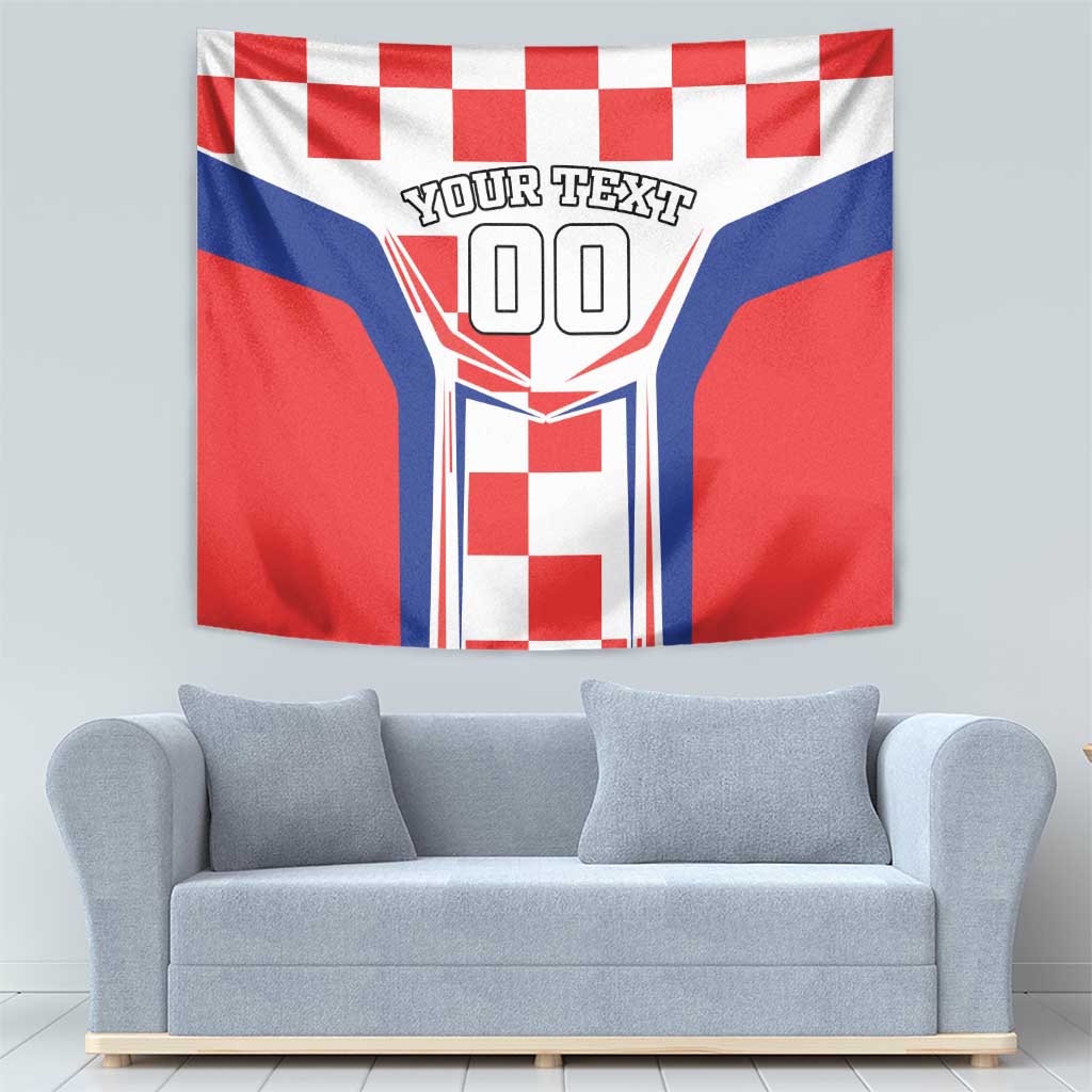 Red, white, and blue checkerboard tapestry with central shield graphic and “YOUR TEXT” label