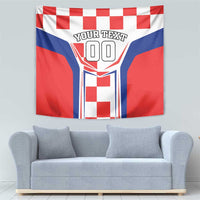 Red, white, and blue checkerboard tapestry with central shield graphic and “YOUR TEXT” label