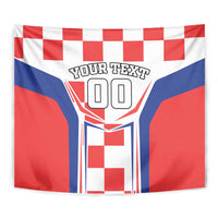 Red, white, and blue checkerboard tapestry close-up with central shield graphic and “YOUR TEXT”