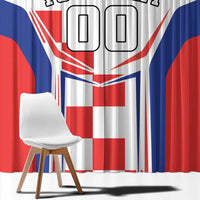 Close-up of custom red, white, and blue flag/checker window curtain fabric with a text-number box