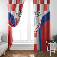 Custom window curtains in red, white, and blue flag/checker pattern framing a white door