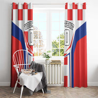 Custom red, white, and blue flag/checker curtains with text boxes in front of a window with radiator