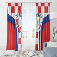 Custom window curtains with red, white, and blue flag/checker pattern panels and text boxes on rod