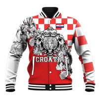 Red baseball jacket with Croatia flag and leopard-head graphic, striped rib collar