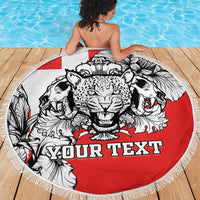 Red round beach blanket with leopard head graphic and "YOUR TEXT", white fringe