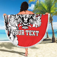 Red round beach blanket with leopard head artwork and "YOUR TEXT" text, fringed edge