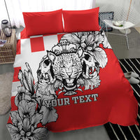 Red duvet bedding set featuring a large leopard heads illustration and “YOUR TEXT” across the front