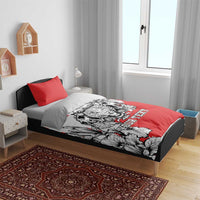 Red bedding set on bed: leopard heads and floral print with “YOUR TEXT” on the duvet, two red pillows