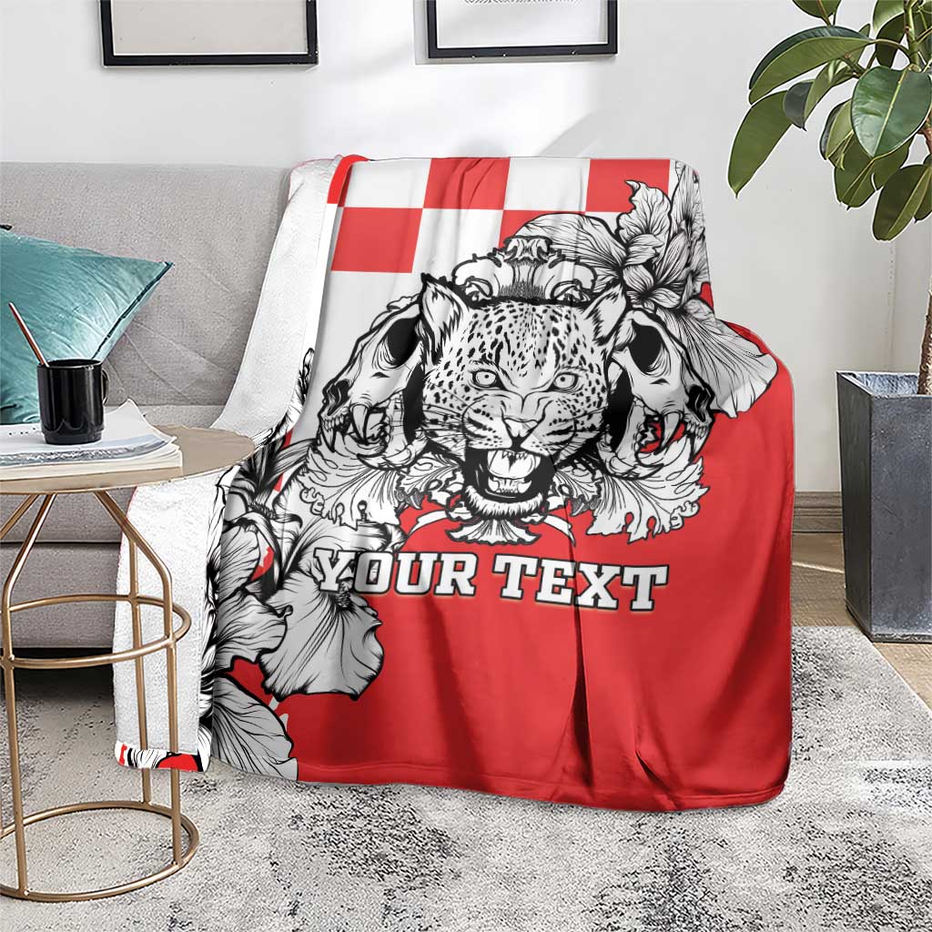 Croatia leopard heads blanket, red/white/black with lion-and-flowers graphic and 'YOUR TEXT'
