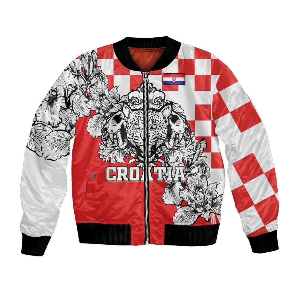 Red and white bomber jacket with CROATIA print, leopard and floral graphic, zip front