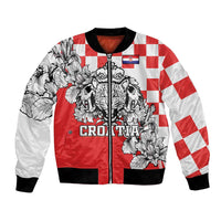 Red and white bomber jacket with CROATIA print, leopard and floral graphic, zip front