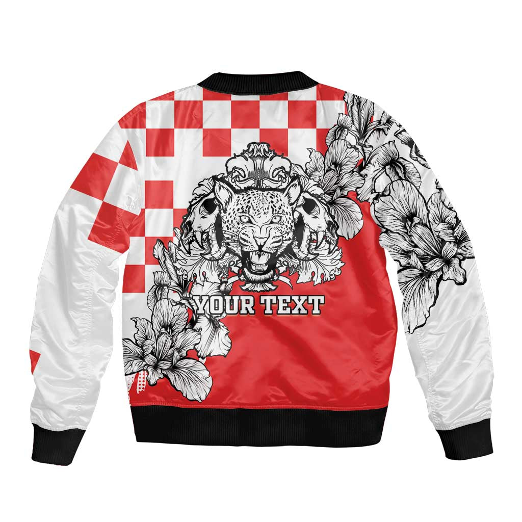 Red and white bomber jacket with leopard, flowers, black ribbed trim, zip front