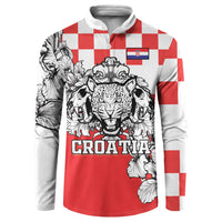 Red button sweatshirt front with leopard heads, check sleeves, and CROATIA print