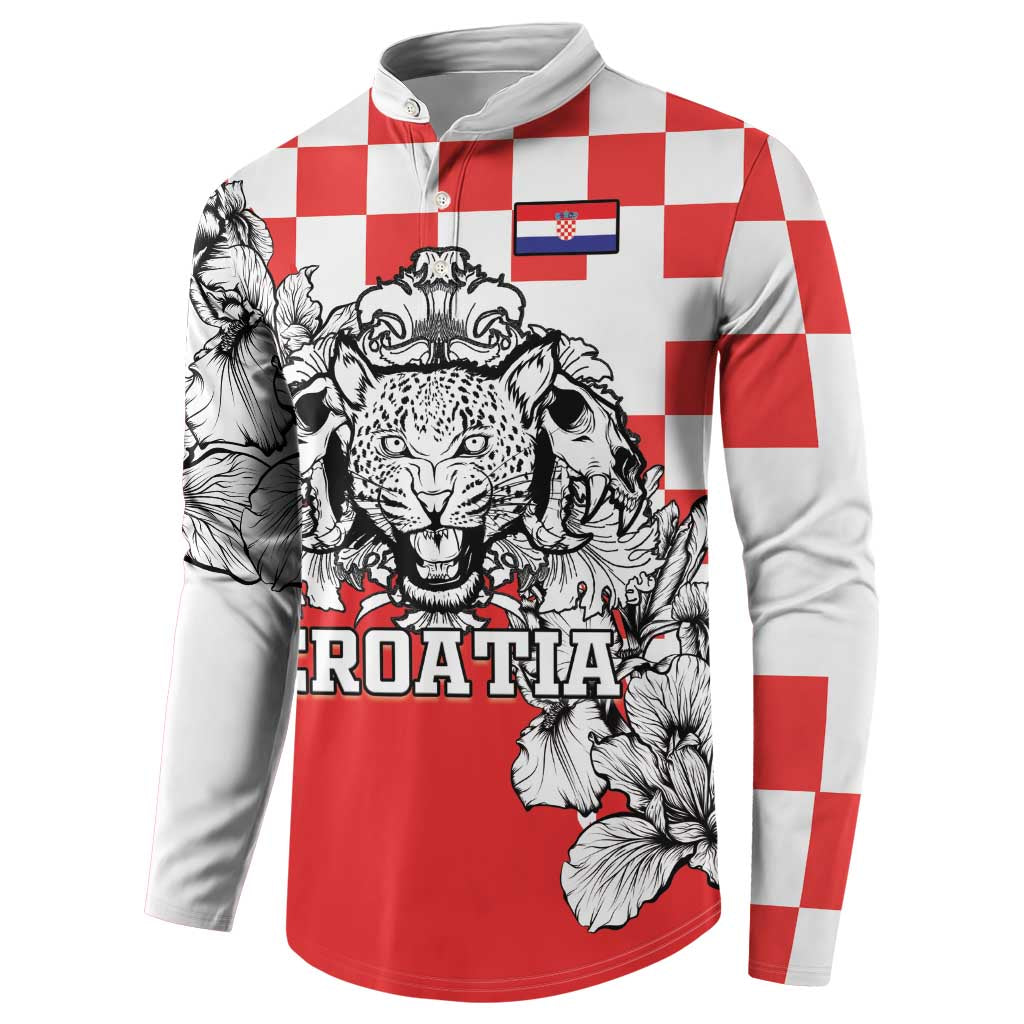 Red button sweatshirt with white check pattern, leopard heads and Croatia badge
