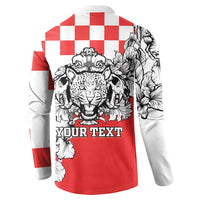 Red back button sweatshirt with leopard heads, floral art, and YOUR TEXT