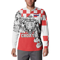 Red button sweatshirt with leopard graphic, check sleeves, and Croatia badge